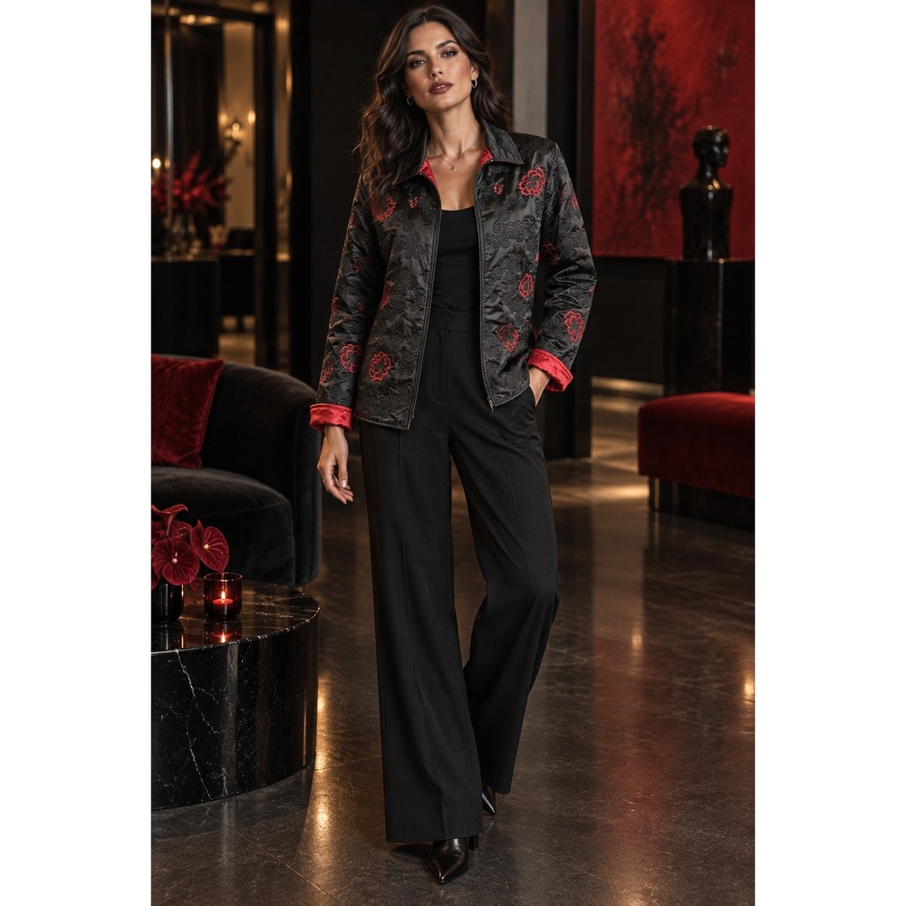 Multiples Black Red Floral Embroidered Quilted Jacket M Dark Romantic Statement